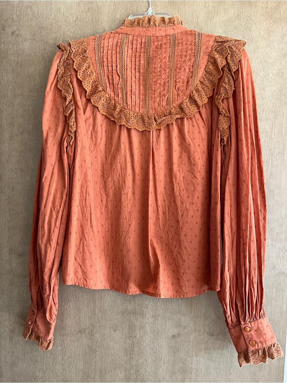 Love the Label Women's Rust Orange Cotton Eyelet Long Sleeve Blouse - Size: S - Picture 5 of 10